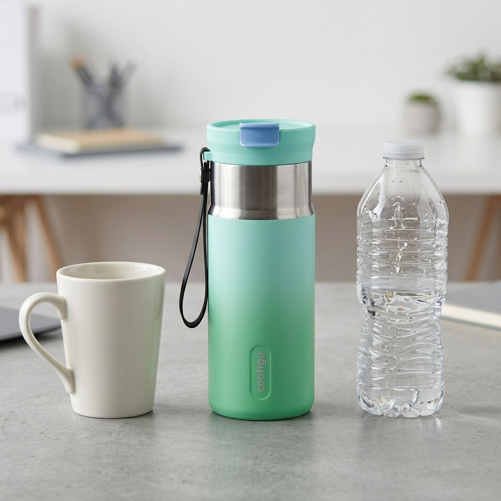 Scale reference photo for the Contigo 2234757 bottle, sitting next to a common 16oz single-use cup.