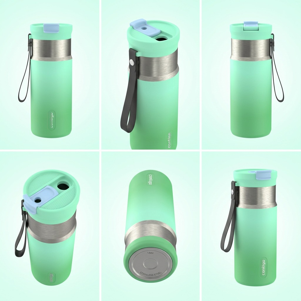 A 3x2 grid of different views of the Contigo Tween Dual Sip water bottle, showing multiple angles and sides.