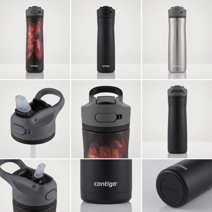 An 8-cell matrix displaying multiple views and features of the Contigo Ashland Chill 2.0 water bottle.