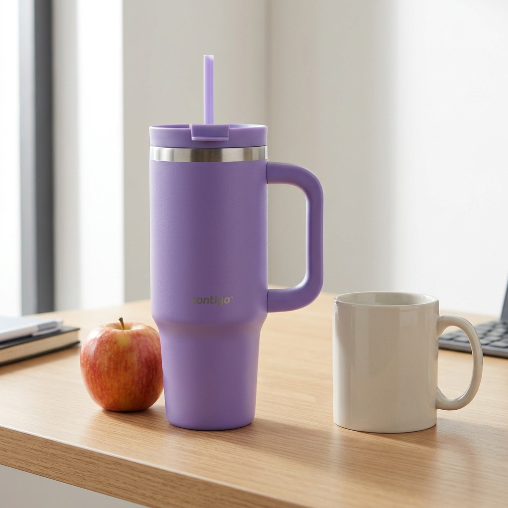 The Contigo 30oz tumbler relative to a coffee mug on a desk.