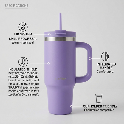 Contigo Streeterville 30oz tumbler with clear icons and callouts for lid seal, insulated shield, handle and base.