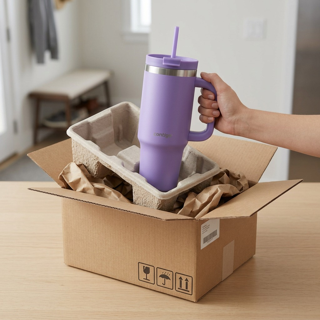 Realistic e-commerce packaging and unboxing scene for the Contigo Streeterville Tumbler.