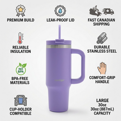Trust and authority PDP infographic for the 30oz Contigo Streeterville Tumbler. Central accurate image, surrounded by icons with short factual text like "PREMIUM MATERIALS", "STAINLESS STEEL", "CANADIAN SHIPPING" and "MANUFACTURER BACKED". Clean, neutral design.