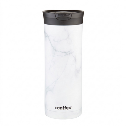 A high-resolution product shot of a 20 oz. Contigo Huron 2.0 Couture travel tumbler in a white marble design.