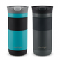 A clean ecommerce hero shot of two Contigo Byron 2.0 16oz travel mugs (teal and dark grey) on a white background.
