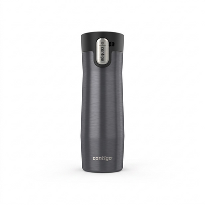 A high-resolution product photograph of the grey Contigo West Loop 3.0 vacuum-insulated travel mug, centered against a seamless pure white background, featuring realistic lighting and its AUTOSEAL lid.