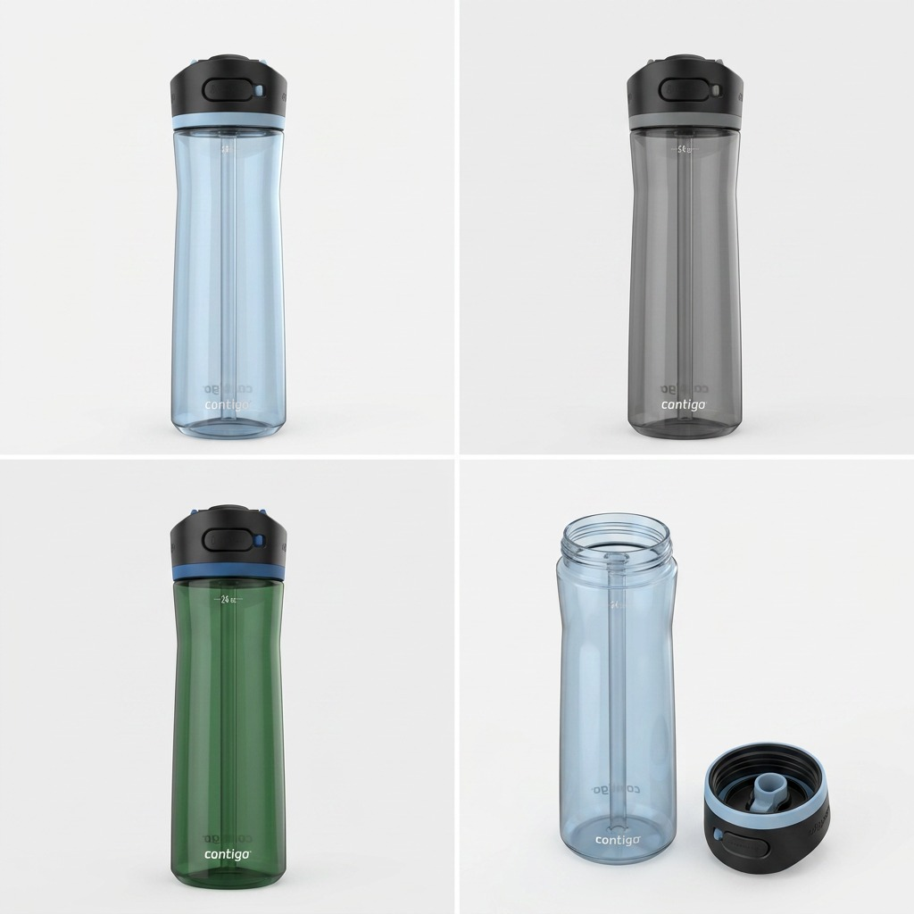 A clean white background displaying a matrix of four views: two clear views of the canonical blue water bottle (upright and angled) and two different colored plastic bottle body variations (transparent grey and dark blue) using the identical lid design from the canonical reference.
