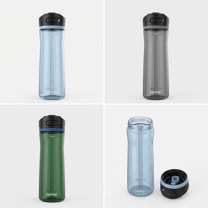 A clean white background displaying a matrix of four views: two clear views of the canonical blue water bottle (upright and angled) and two different colored plastic bottle body variations (transparent grey and dark blue) using the identical lid design from the canonical reference.