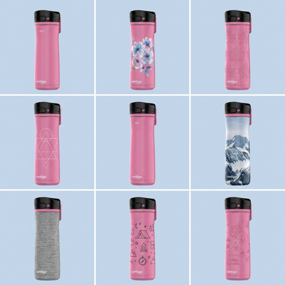 A 3x3 grid display featuring nine identical pink Contigo water bottles with diverse front patterns, illustrations, and textures.