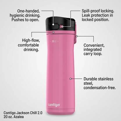 Operational features of the Contigo Jackson Chill 2.0 water bottle highlighted with descriptive text.
