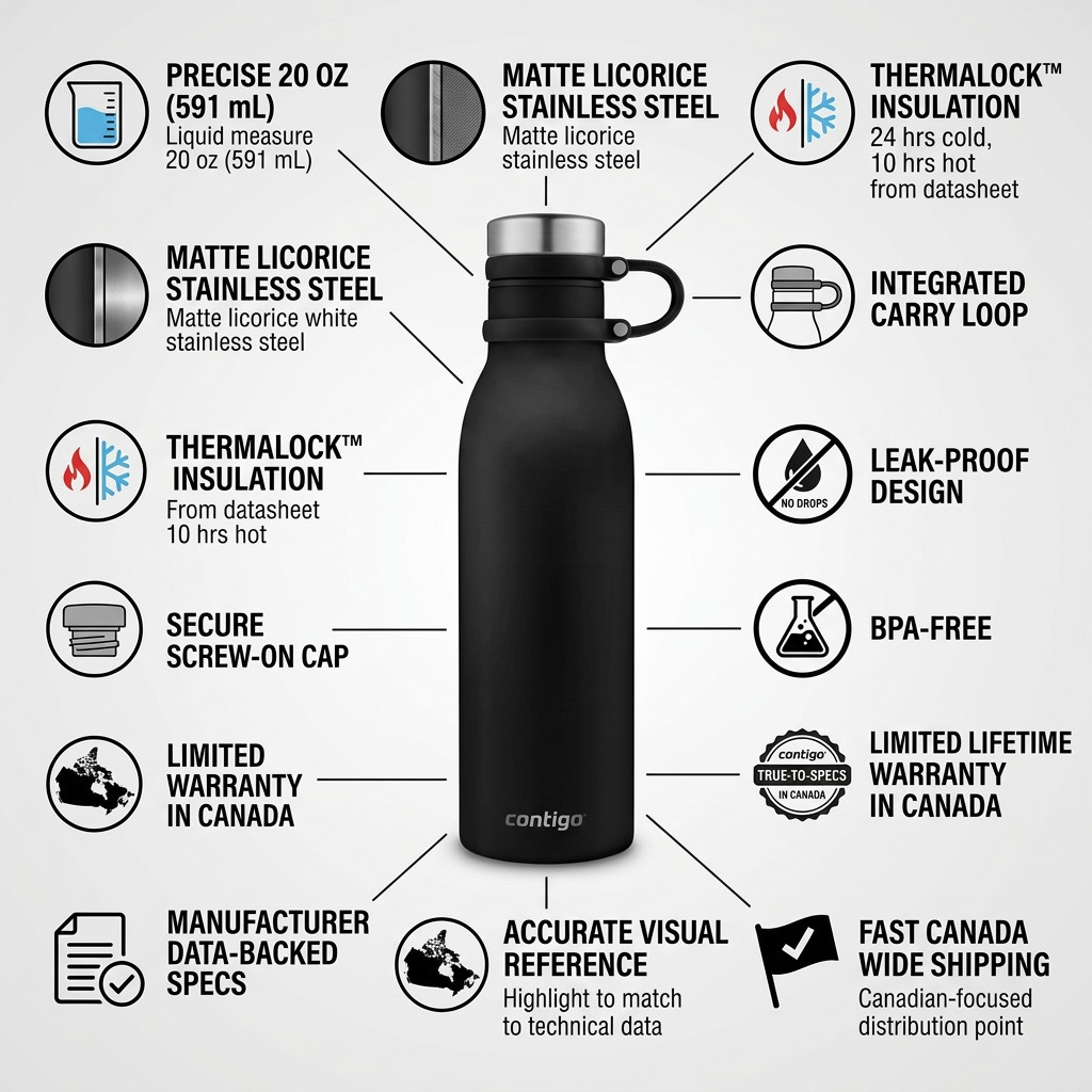 Infographic matrix for Contigo Matterhorn bottle, highlighting features and trust indicators with icons.