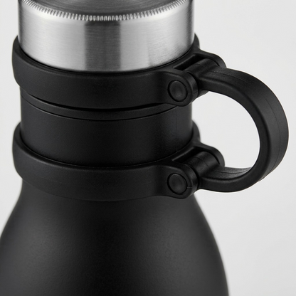 Macro detail of the Contigo Matterhorn bottle cap threads, steel finish, and black tether loop.