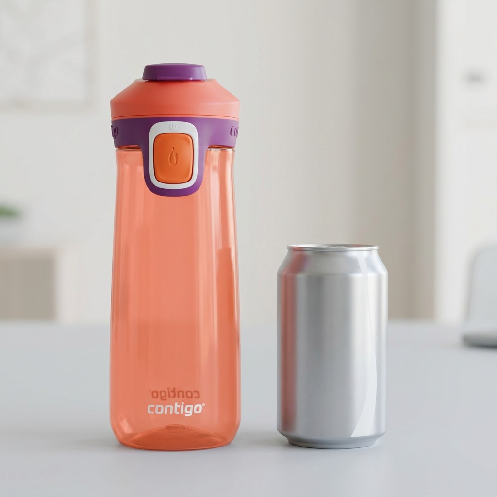 The 20 oz Contigo Autoseal Casey coral and purple water bottle shown next to a standard soda can for scale comparison.