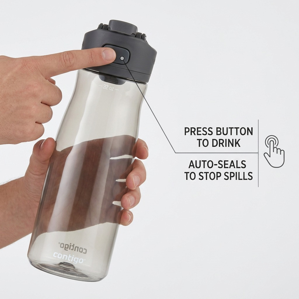 Feature graphic showing the Contigo Cortland 2.0 bottle's one-handed 'press button to drink' feature.