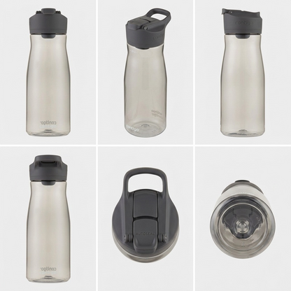 A grid showing the Contigo Cortland 2.0 water bottle from front, side, back, and top angles, with close-ups.