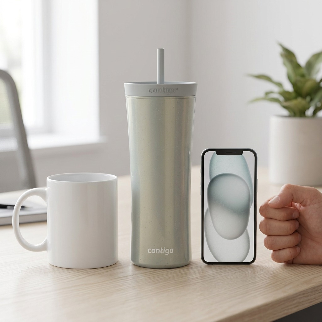 A macro-photo comparing the Contigo 20oz straw tumbler (Macaroon) with a standard ceramic coffee mug on a natural wooden table.
