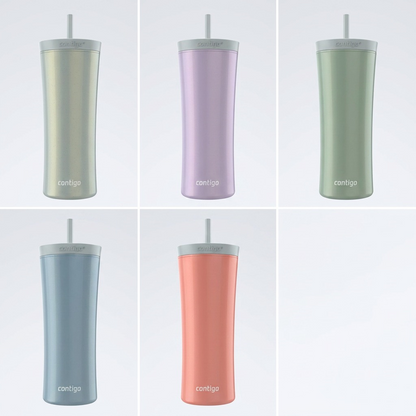 A grid of five Contigo Shake & Go tumblers in distinct, premium pastel colors.