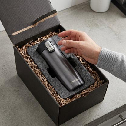 Premium shipping box containing a protected Contigo AUTOSEAL travel mug.