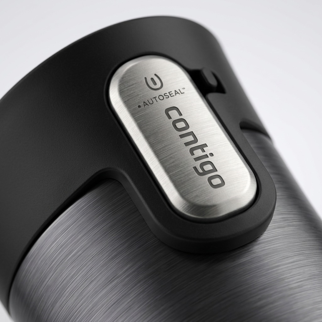Macro view of the AUTOSEAL button on a black and grey Contigo travel mug, emphasizing its texture.