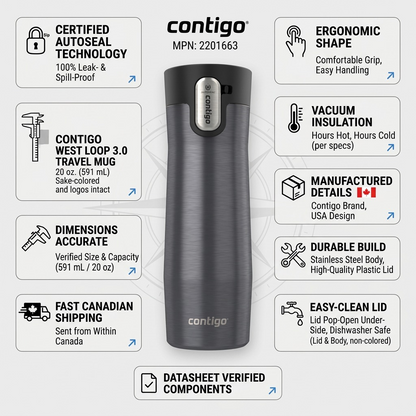 Infographic for Contigo West Loop 3.0 Travel Mug, detailing components, features, and Canadian shipping.