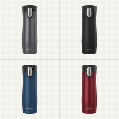 A four-way grid matrix of the Contigo 20oz West Loop 3.0 Travel Mug in several color variants.