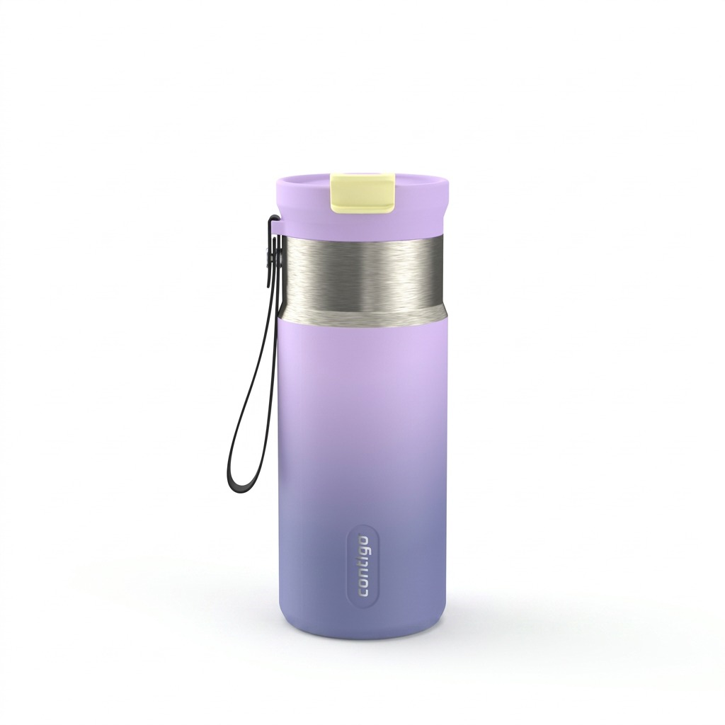 A high-resolution hero shot of the Contigo Tween Dual Sip Ombre bottle in Lilac Pulse on a pure white background. The full length of the purple-to-blue gradient bottle is in focus, with the strap attached and the 'contigo' logo visible.
