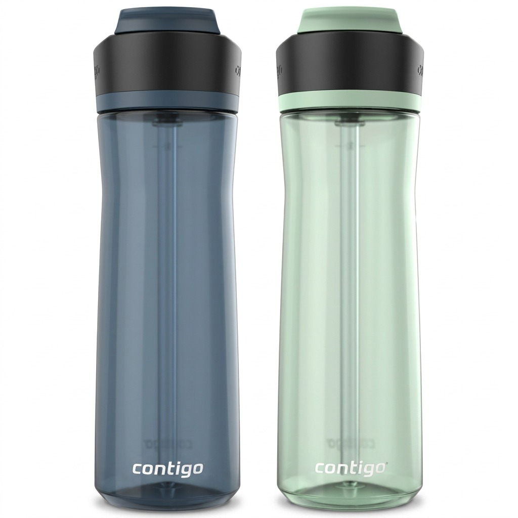 A pure high-resolution hero shot of two Contigo Ashland water bottles, one blueberry and one agave, centered on a crisp white background, as seen in image_0.png.