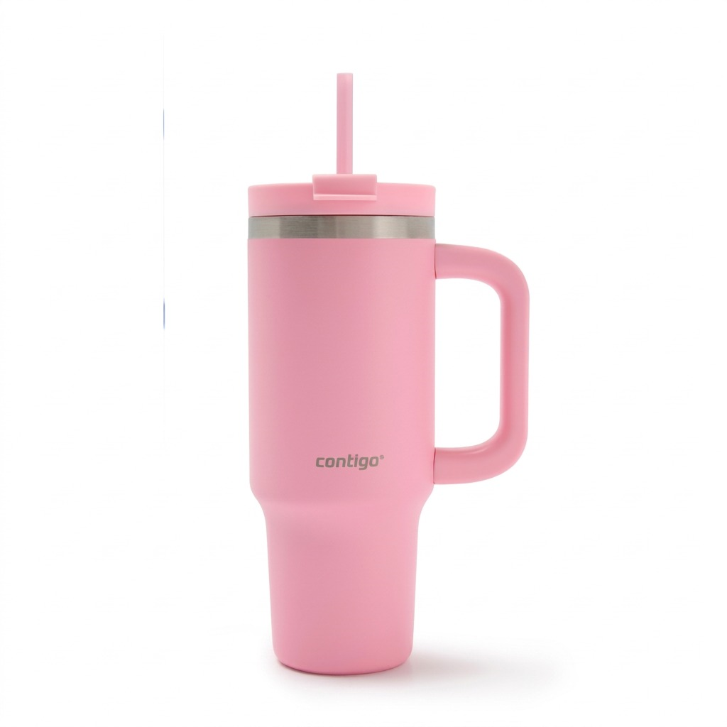 Contigo Streeterville 30oz Straw Tumbler in Strawberry Cream pink with handle and lid.
