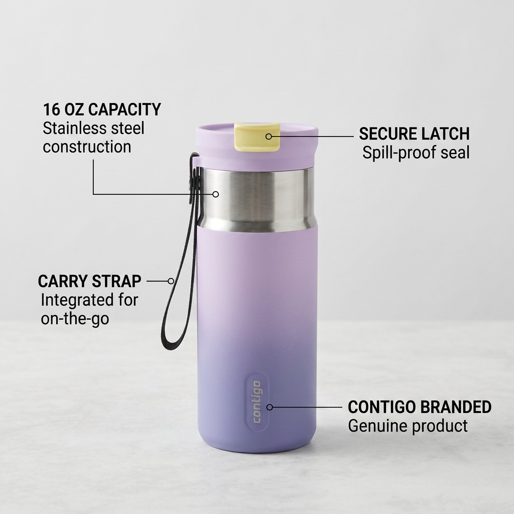 Product shot showing key features on a light background. Features include: 16oz stainless steel body, leak-proof dual sip lid, integrated handle.
