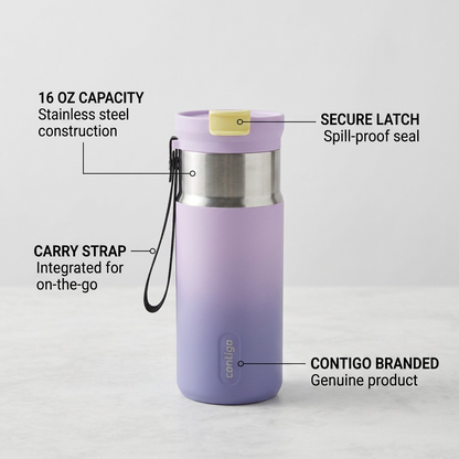 Product shot showing key features on a light background. Features include: 16oz stainless steel body, leak-proof dual sip lid, integrated handle.