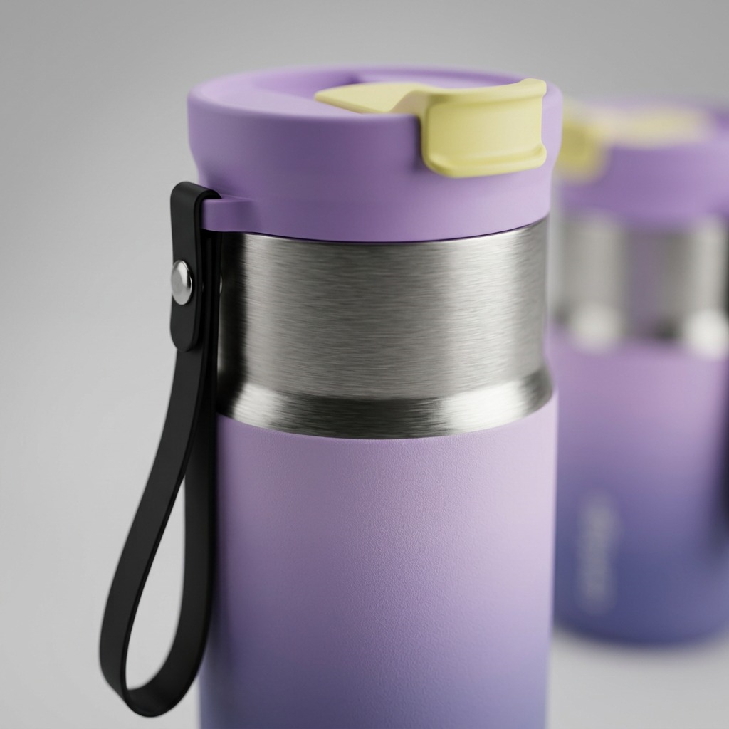 Macro close-up of the Lilac Pulse bottle highlighting the brushed steel texture and the carry strap details.