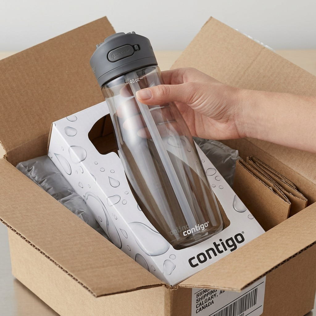 A photorealistic unboxing scene. A hand lifts the exact Contigo Ashland 2.0 water bottle from sturdy shipping packaging. Protective inserts and air pillows are visible within the open corrugated box. No text. Neutral background and even lighting.
