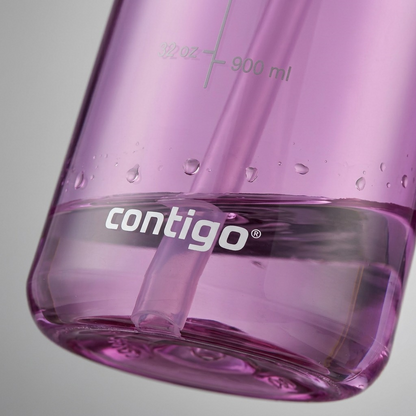 Extreme macro photo showing the 'contigo' logo detail and liquid texture through the translucent purple bottle.