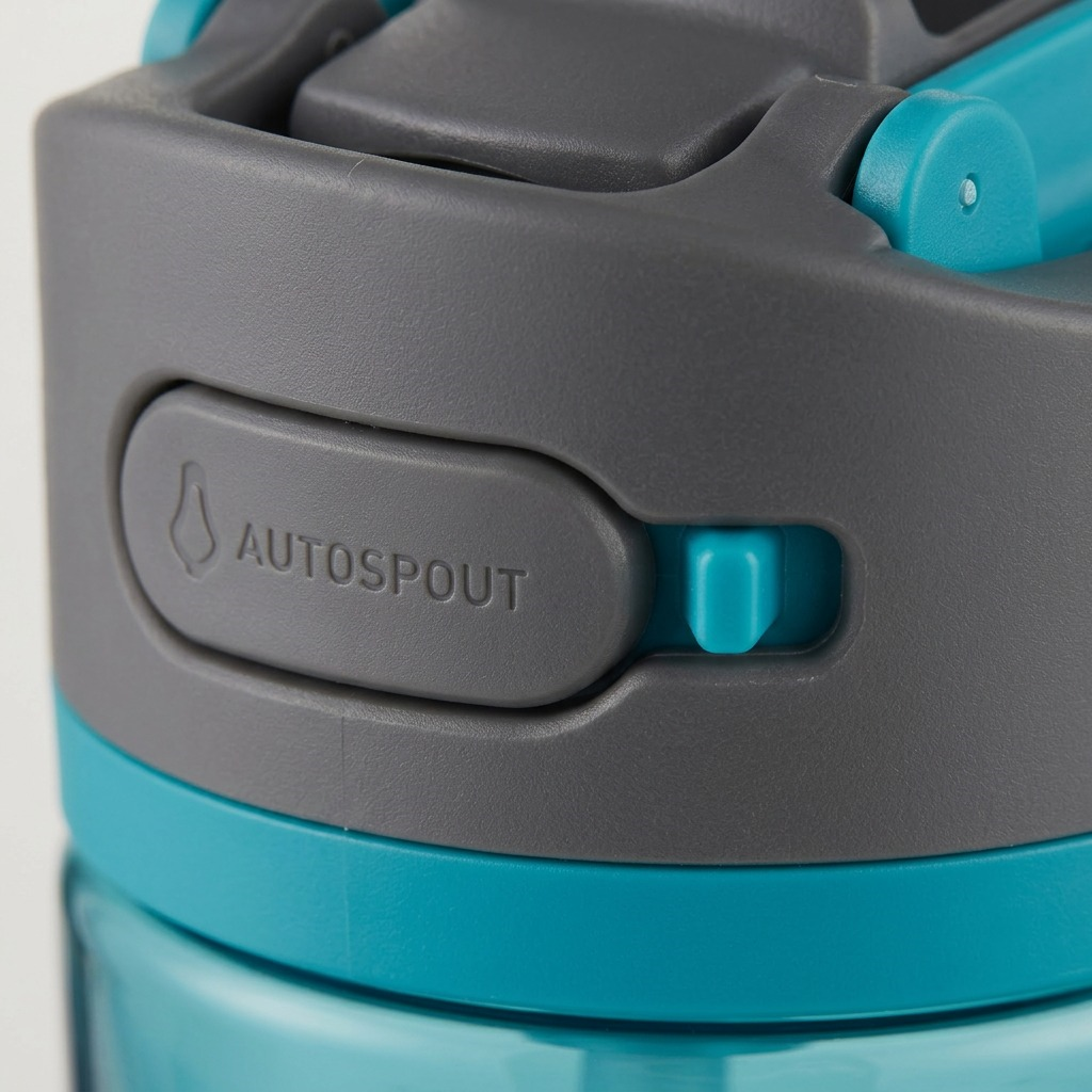 Macro detail of the Contigo Autospout water bottle lid, highlighting the release button and locking switch.