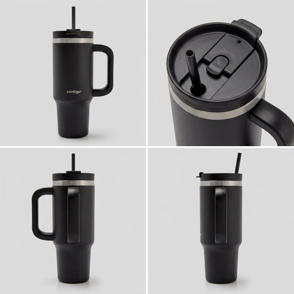 Product visualization matrix of a black 30 oz travel tumbler, showing multiple clean product angles against a neutral background.