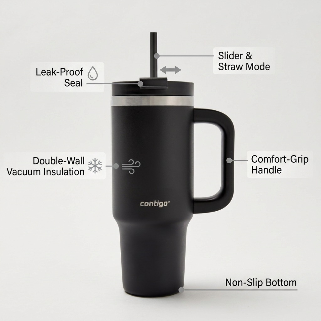 An ecommerce feature graphic callout on a black Contigo Streeterville 30oz tumbler.