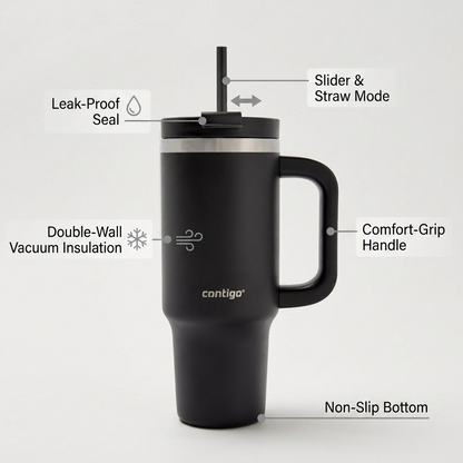 An ecommerce feature graphic callout on a black Contigo Streeterville 30oz tumbler.
