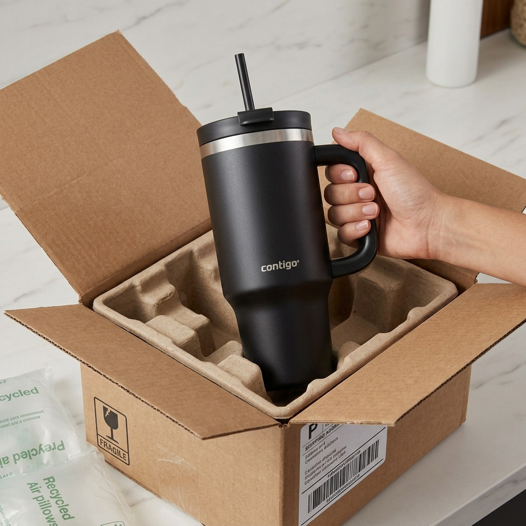A person unboxes a black Contigo tumbler from sustainable dunnage, showing secure packaging.