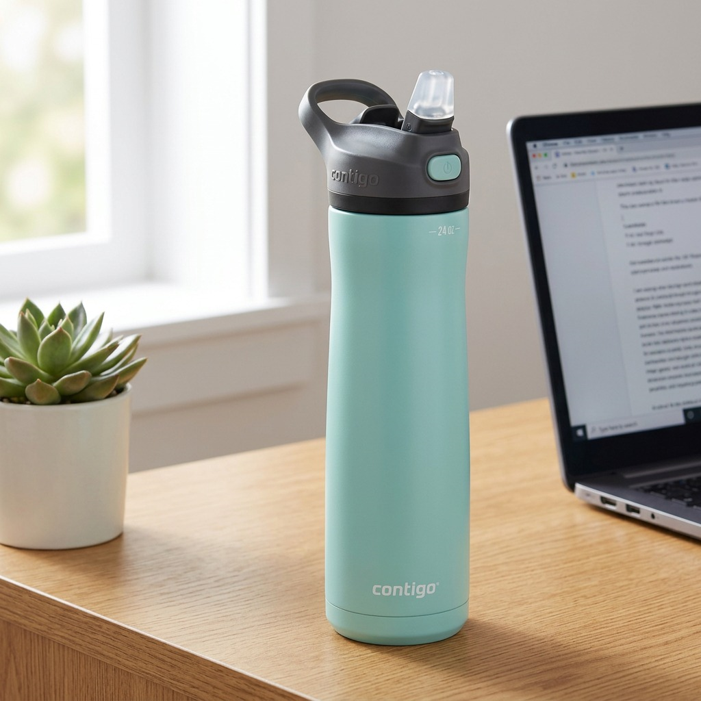 Lifestyle photo of Contigo Cortland Chill 2.0 water bottle on a desk next to a laptop.