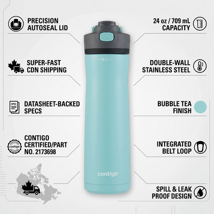 Contigo Cortland Chill 2.0 infograph: autoseal lid, 24oz, stainless steel, Bubble Tea finish, fast CDN shipping, verified specs, leak-proof.