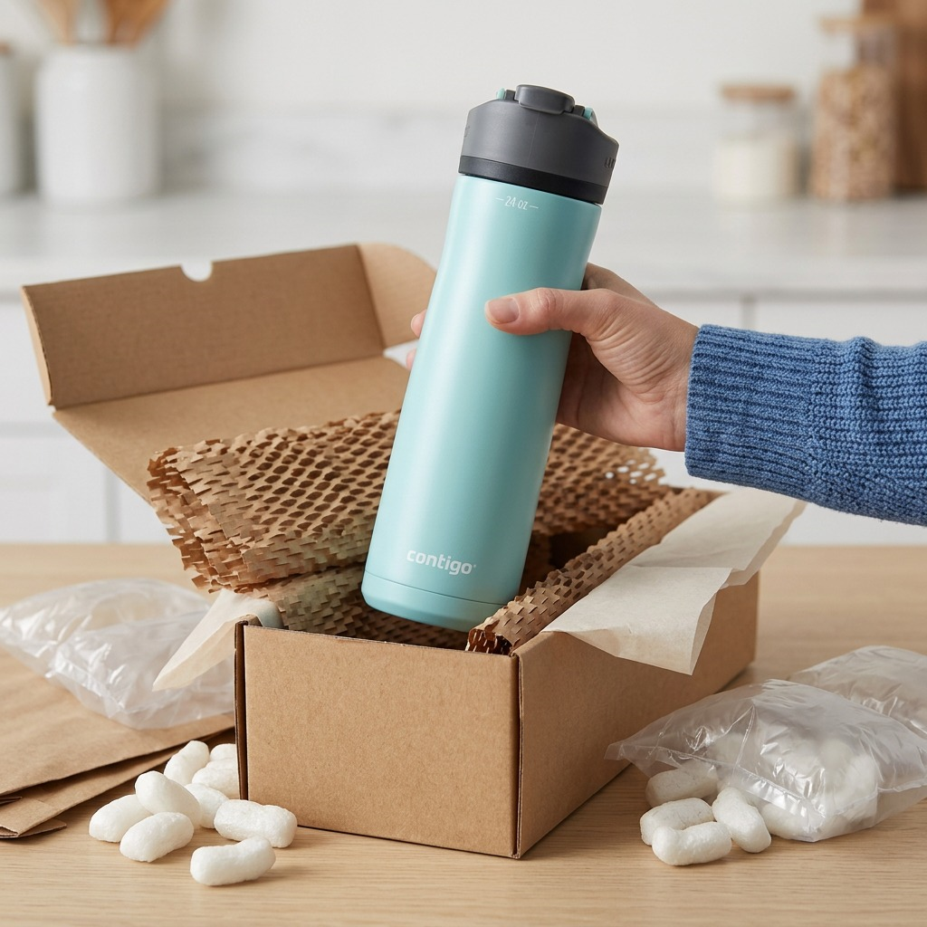 Unboxing of Contigo metal bottle from protective cardboard and packing.