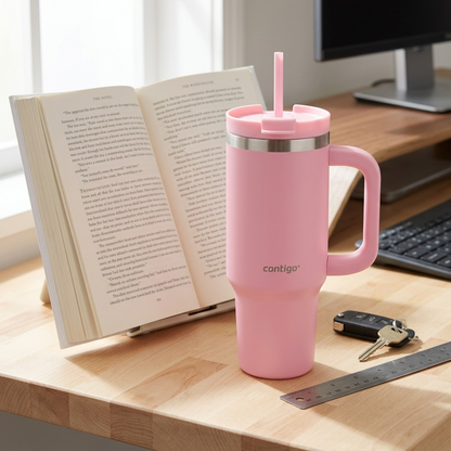 Strawberry Cream Contigo Streeterville 30oz Tumbler on a desk beside a book and ruler for scale.
