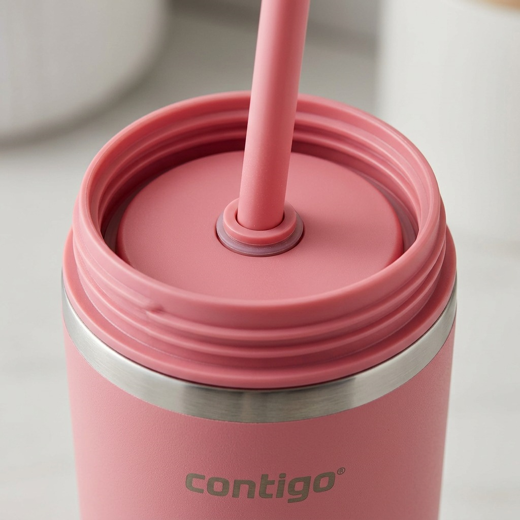 Macro close-up of the leak-proof silicone seal and straw entry on a pink Contigo Streeterville Tumbler lid.