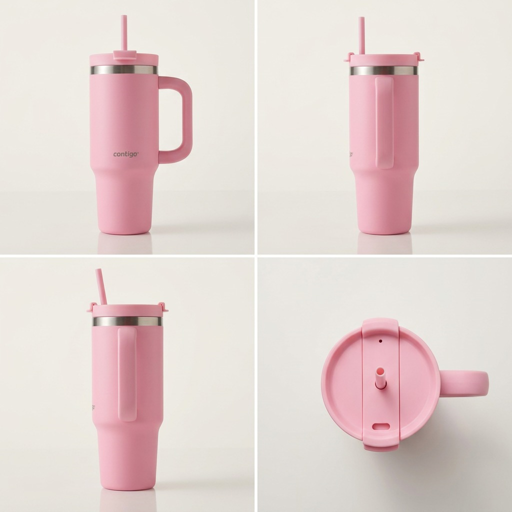 Grid of four views of the Strawberry Cream Contigo Streeterville 30oz Tumbler with handle and straw.