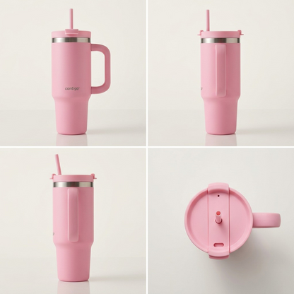 Grid of four views of the Strawberry Cream Contigo Streeterville 30oz Tumbler with handle and straw.