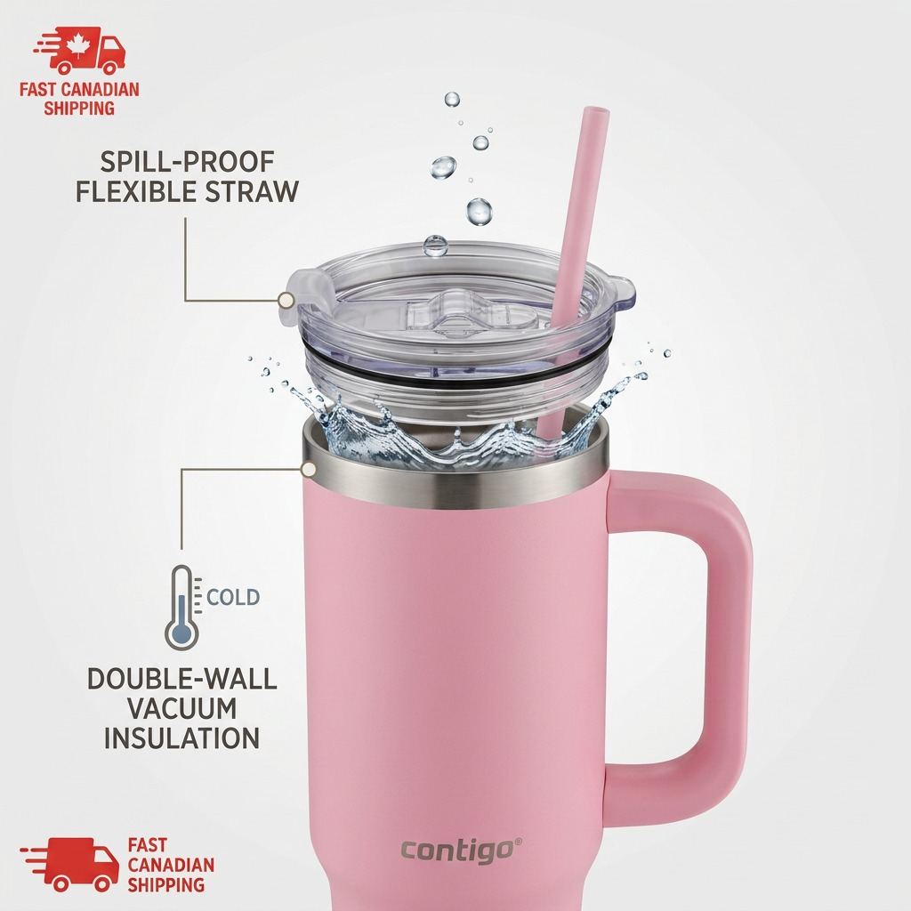 Pink Contigo Streeterville tumbler showing spill-proof flexible straw and double-wall insulation.