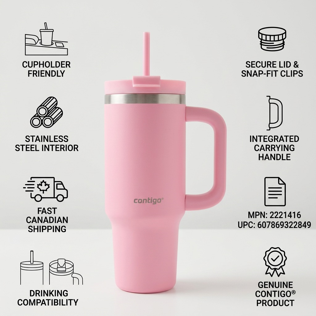 Pink Contigo Streeterville tumbler infographic showing lid features, handle, and shipping details.