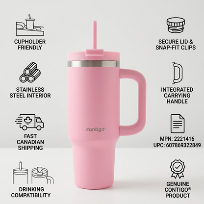 Pink Contigo Streeterville tumbler infographic showing lid features, handle, and shipping details.