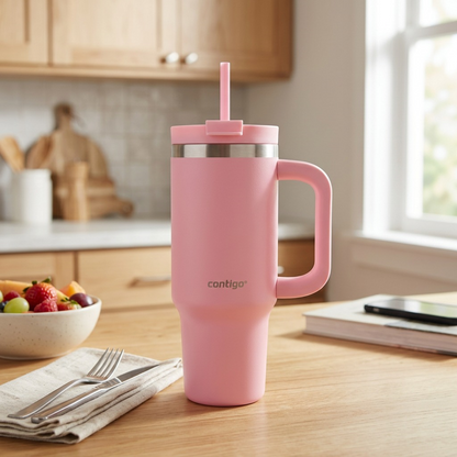 Strawberry Cream Contigo Streeterville 30oz tumbler with handle and straw on a bright kitchen table.