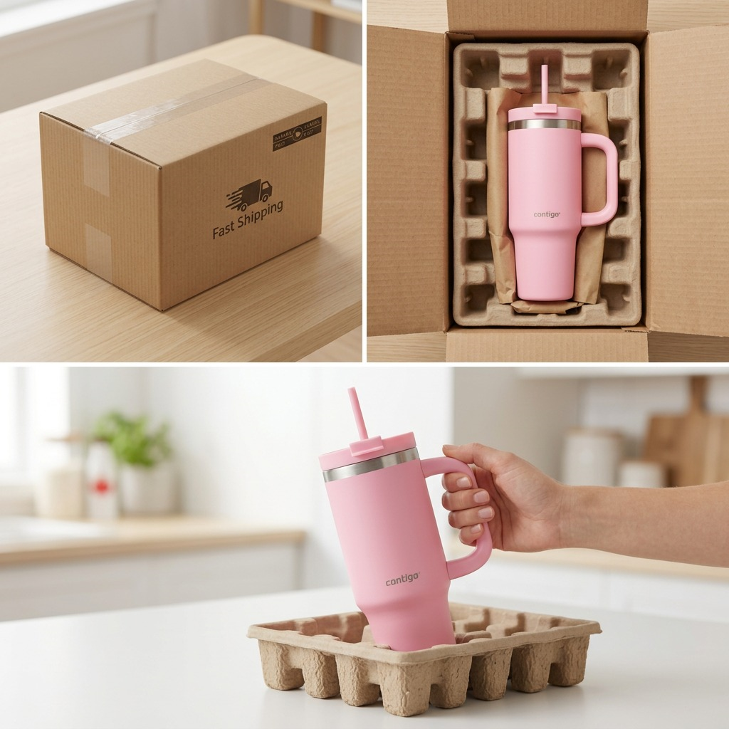 Strawberry Cream Contigo 30oz tumbler being unboxed from secure, protective shipping packaging.